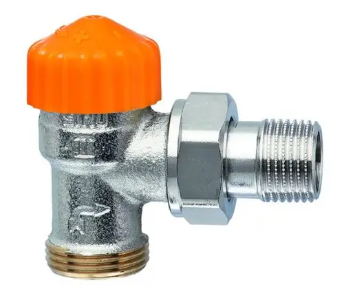 Thermostat-Ventilunterteil mit orangefarbener Kunststoffkappe, Eckform, mit Außengewinde, hergestellt von IMI Hydronic Engineering.